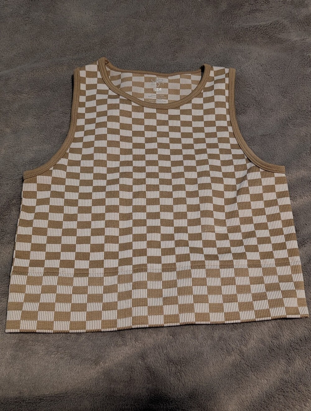 Aura Brown & White Checkered Ribbed Crop Tank Top